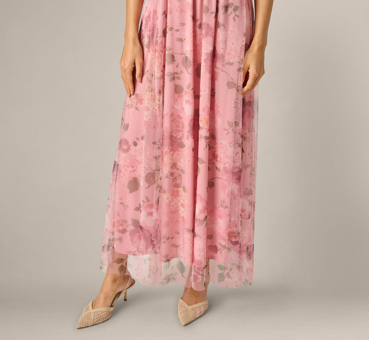 Floral Print Mesh Smocked Maxi Dress - Blush Multi | Adrianna Papell