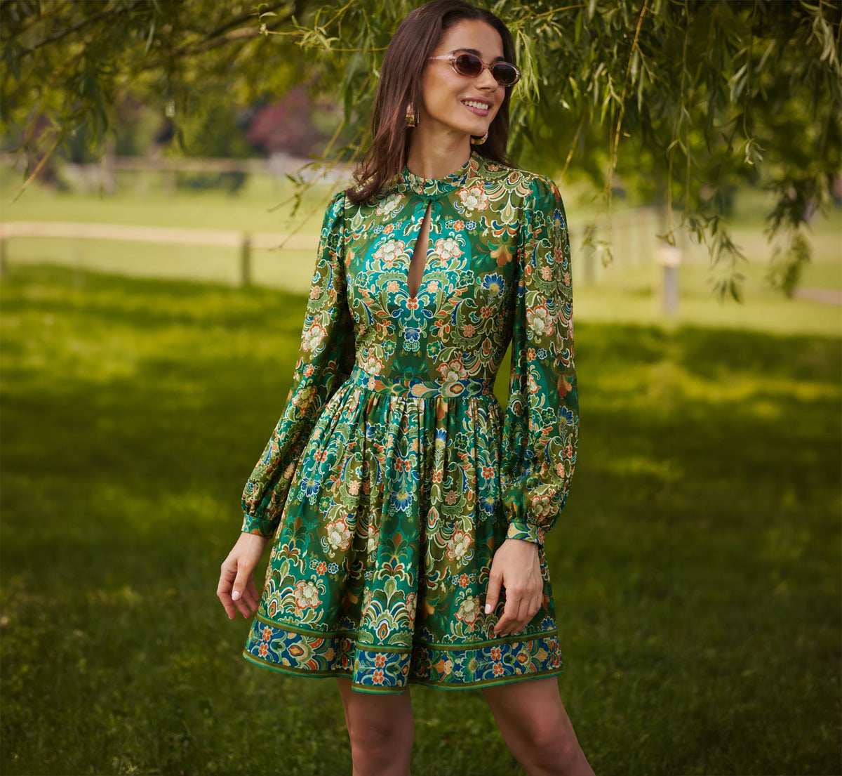 Long Sleeve Keyhole Antique Floral Print Short Dress - Olive Multi | Adrianna Papell
