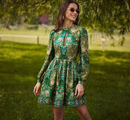 Long Sleeve Keyhole Antique Floral Print Short Dress - Olive Multi | Adrianna Papell