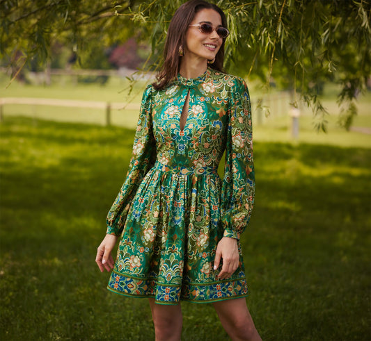 Long Sleeve Keyhole Antique Floral Print Short Dress - Olive Multi | Adrianna Papell