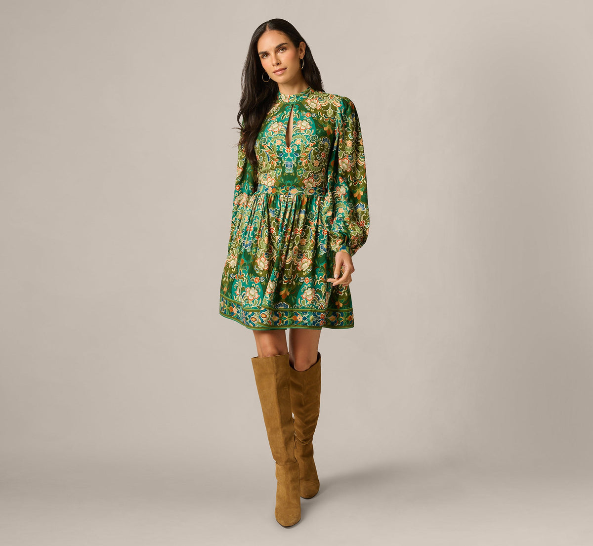 Long Sleeve Keyhole Antique Floral Print Short Dress - Olive Multi | Adrianna Papell