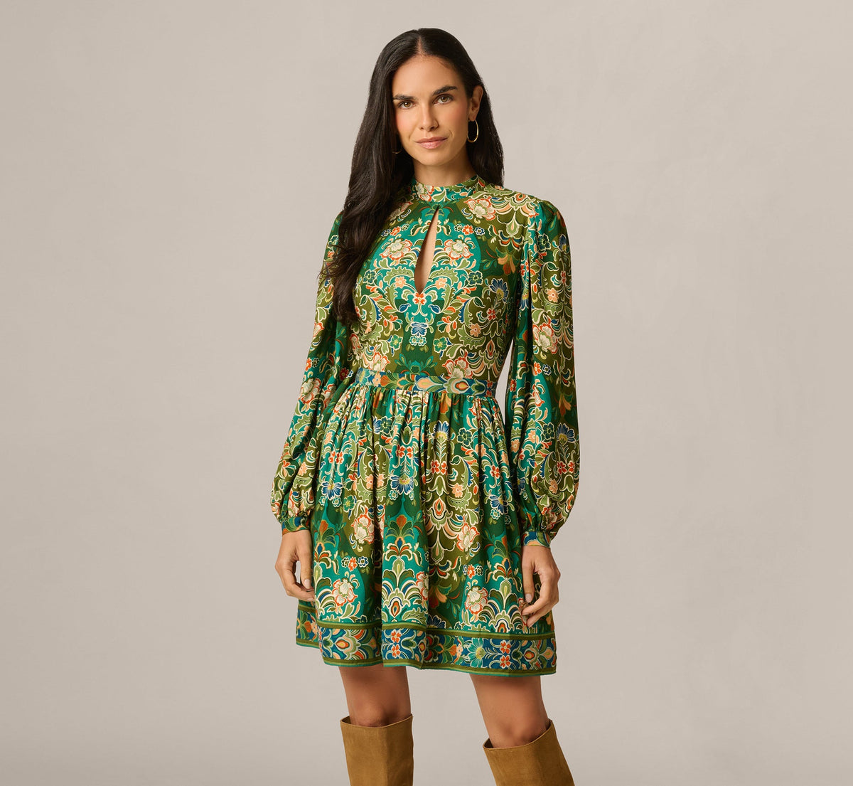 Long Sleeve Keyhole Antique Floral Print Short Dress - Olive Multi | Adrianna Papell