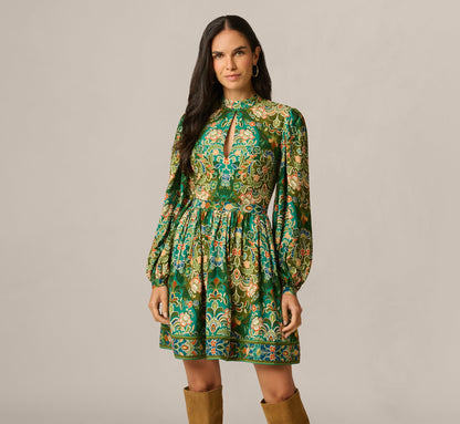 Long Sleeve Keyhole Antique Floral Print Short Dress - Olive Multi | Adrianna Papell