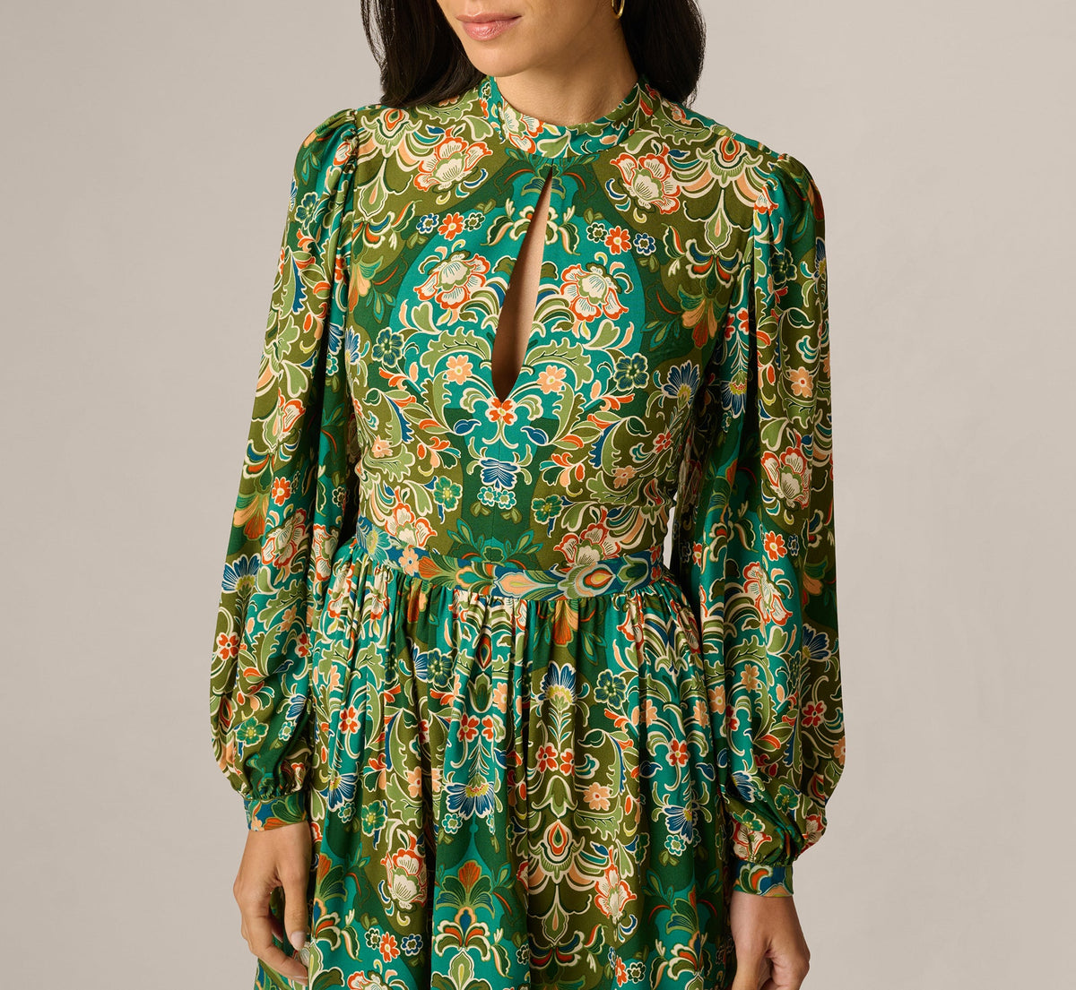 Long Sleeve Keyhole Antique Floral Print Short Dress - Olive Multi | Adrianna Papell