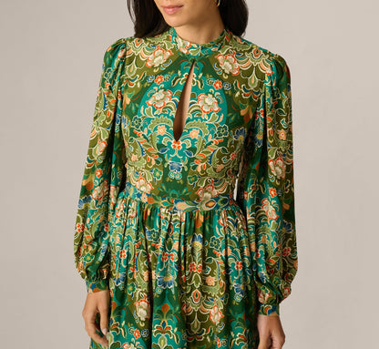 Long Sleeve Keyhole Antique Floral Print Short Dress - Olive Multi | Adrianna Papell