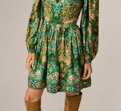 Long Sleeve Keyhole Antique Floral Print Short Dress - Olive Multi | Adrianna Papell