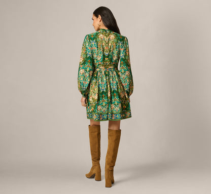 Long Sleeve Keyhole Antique Floral Print Short Dress - Olive Multi | Adrianna Papell