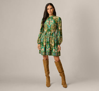 Long Sleeve Keyhole Antique Floral Print Short Dress - Olive Multi | Adrianna Papell