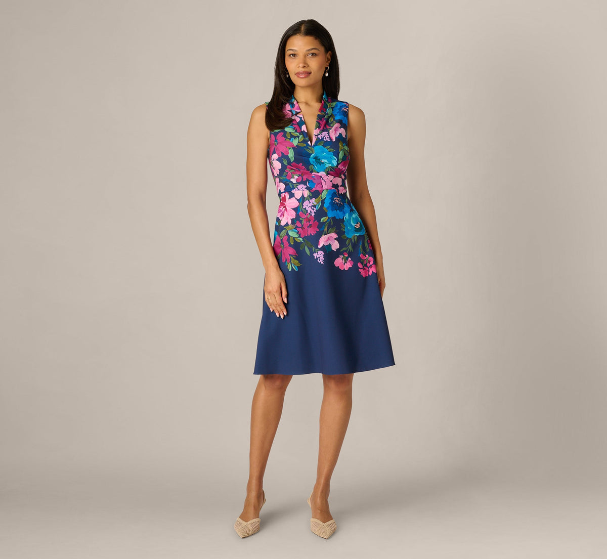 Collared Floral Border Twill Midi Dress - Navy Multi | Adrianna Papell