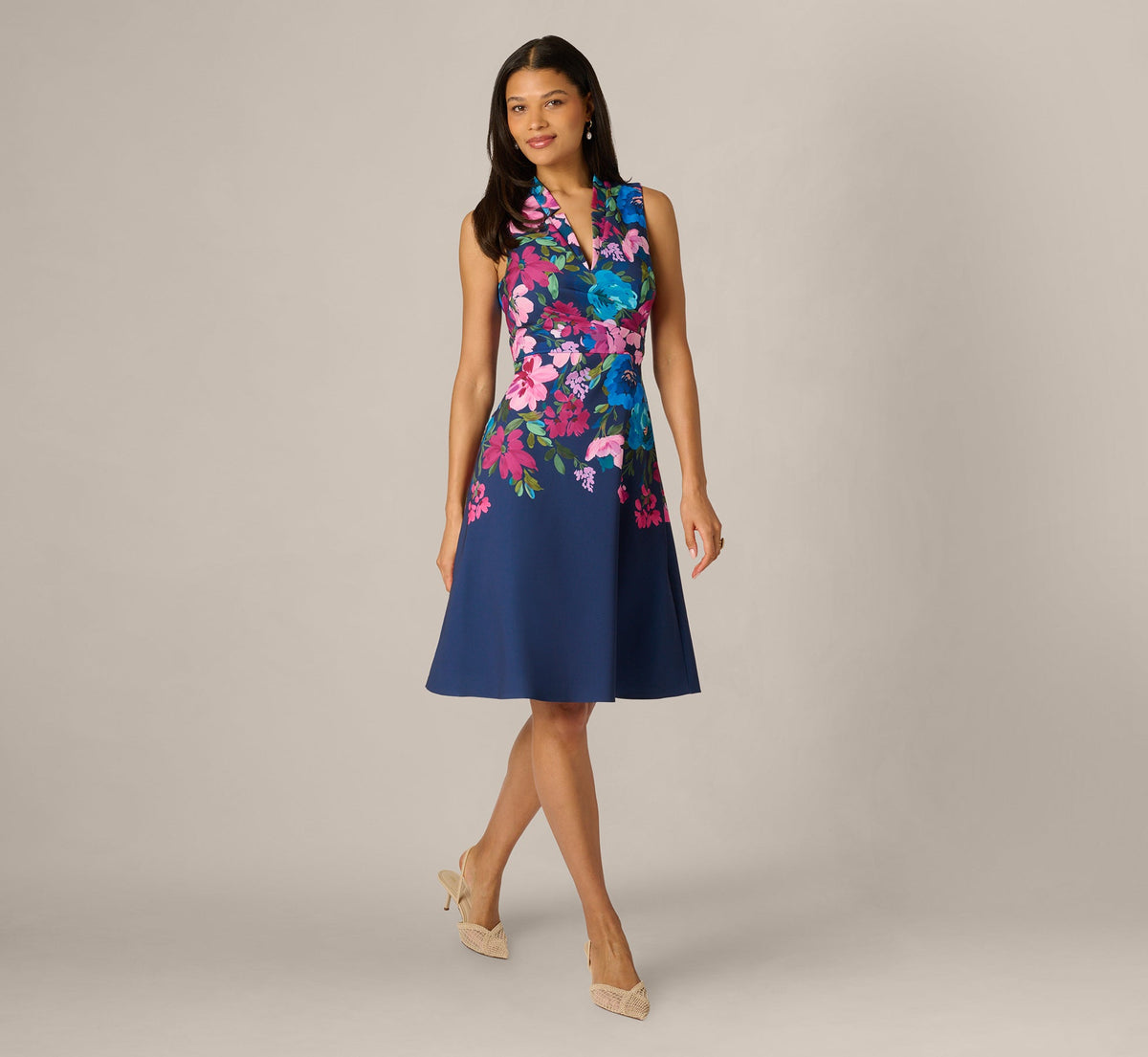 Collared Floral Border Twill Midi Dress - Navy Multi | Adrianna Papell