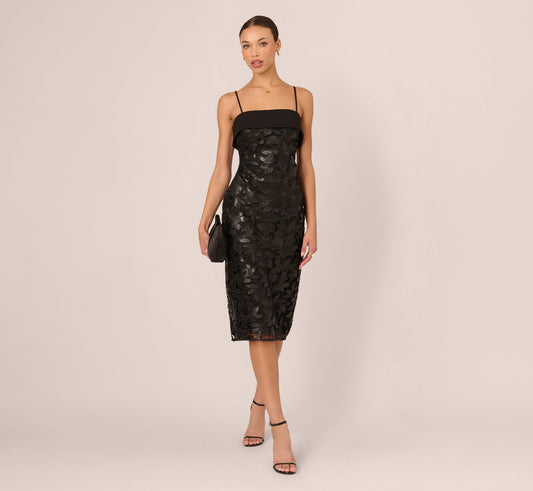 Faux Leather Cut Lace Midi Sheath Dress - Black | Adrianna Papell