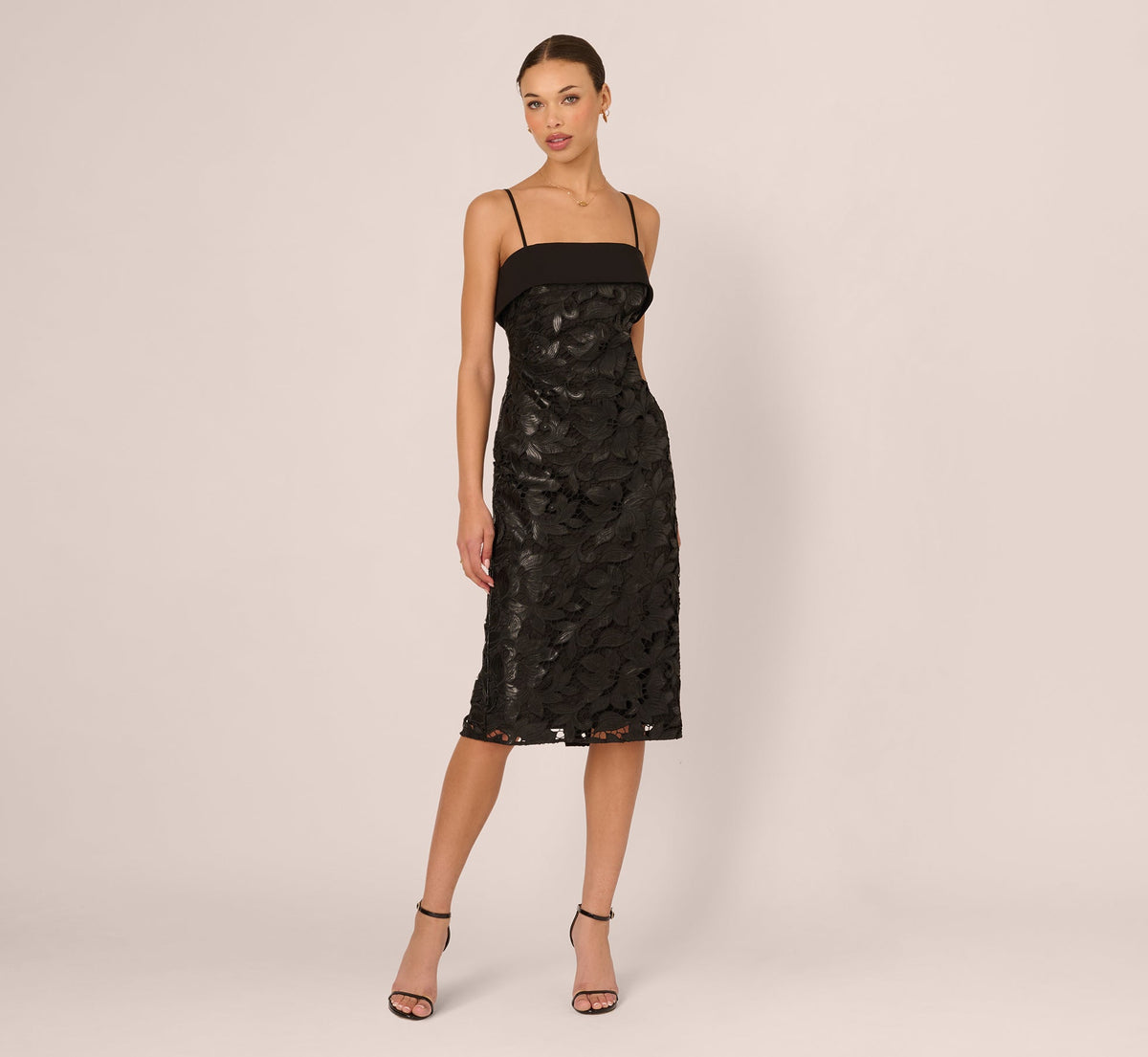 Faux Leather Cut Lace Midi Sheath Dress - Black | Adrianna Papell