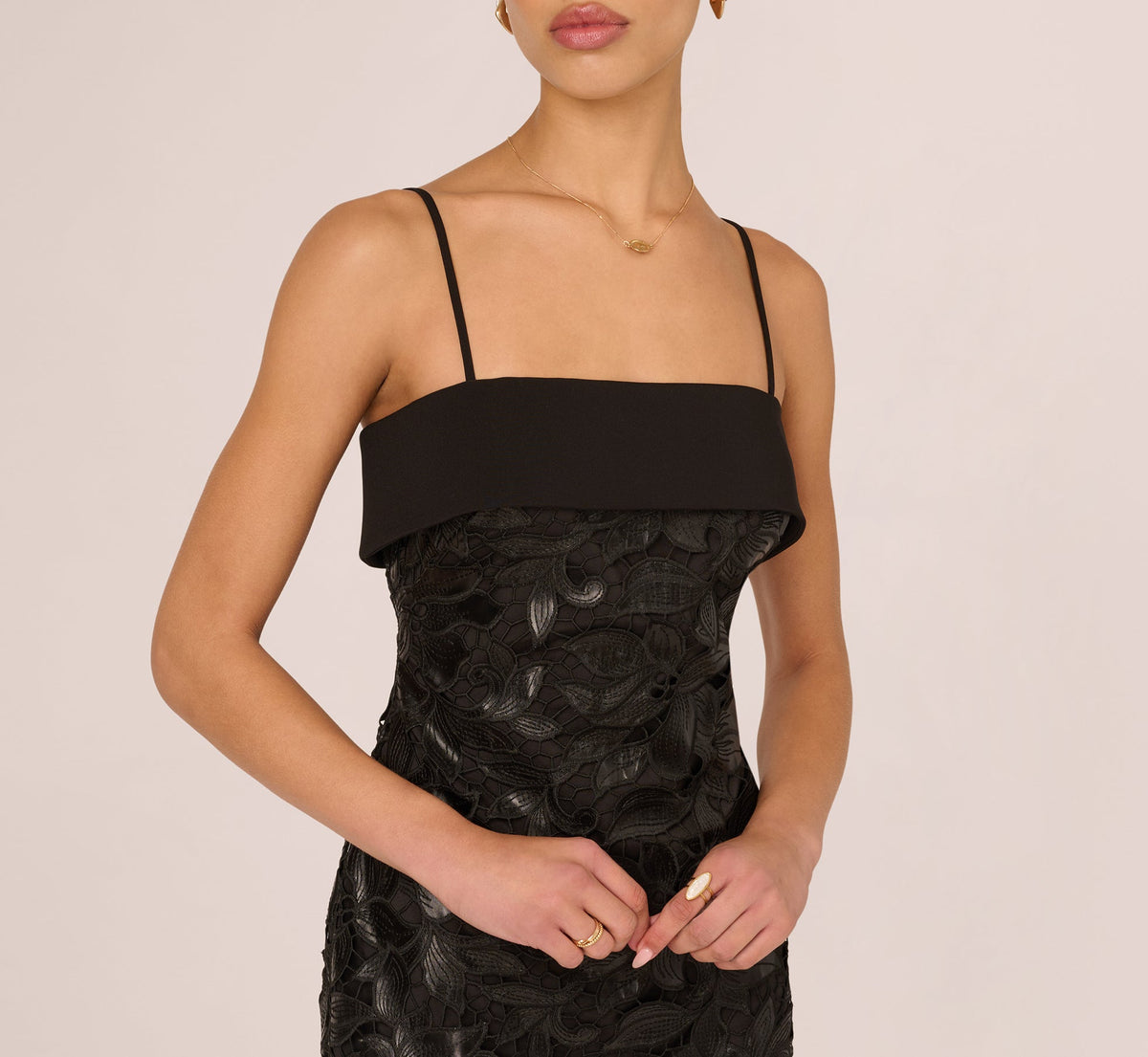 Faux Leather Cut Lace Midi Sheath Dress - Black | Adrianna Papell