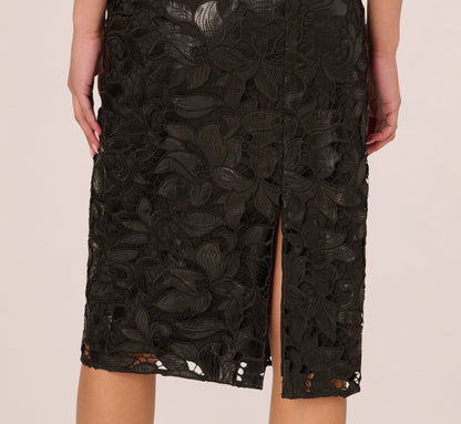 Faux Leather Cut Lace Midi Sheath Dress - Black | Adrianna Papell