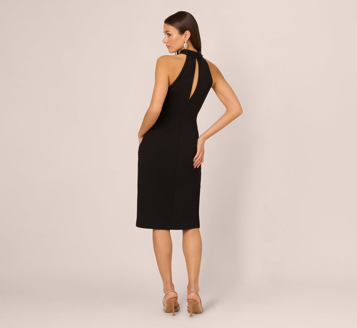 Beaded Detail Halter Midi Sheath Dress - Black | Adrianna Papell