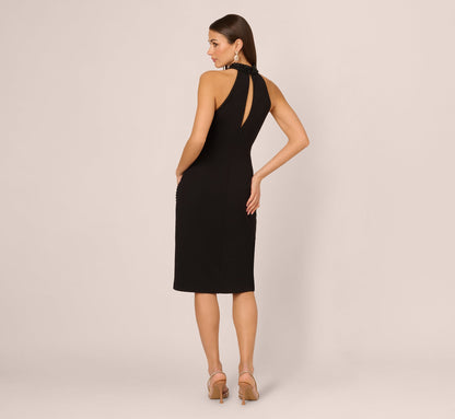 Beaded Detail Halter Midi Sheath Dress - Black | Adrianna Papell