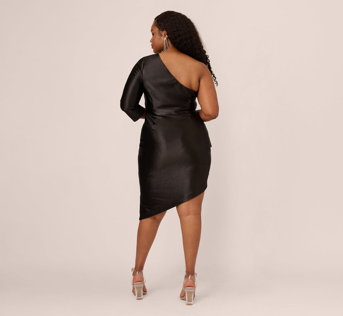 Plus Size One Shoulder Satin Midi Dress With Three-Quarter Sleeve - Black | Adrianna Papell