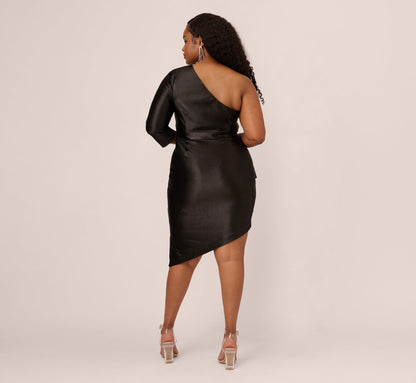 Plus Size One Shoulder Satin Midi Dress With Three-Quarter Sleeve - Black | Adrianna Papell