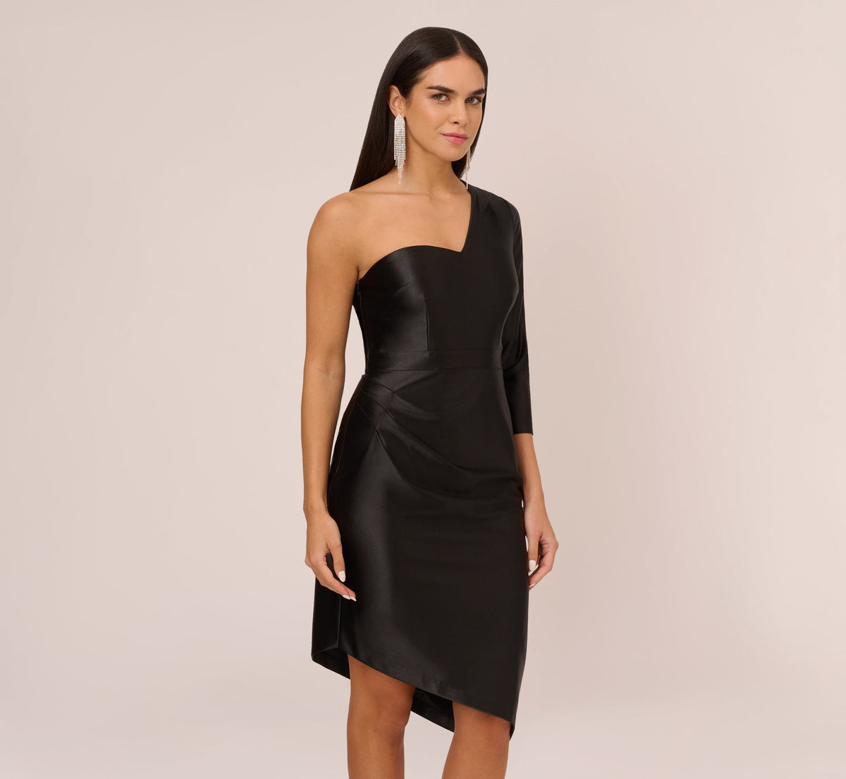 One Shoulder Satin Midi Dress With Three-Quarter Sleeve - Black | Adrianna Papell
