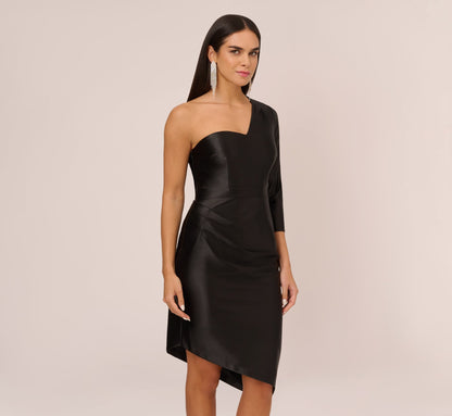 One Shoulder Satin Midi Dress With Three-Quarter Sleeve - Black | Adrianna Papell