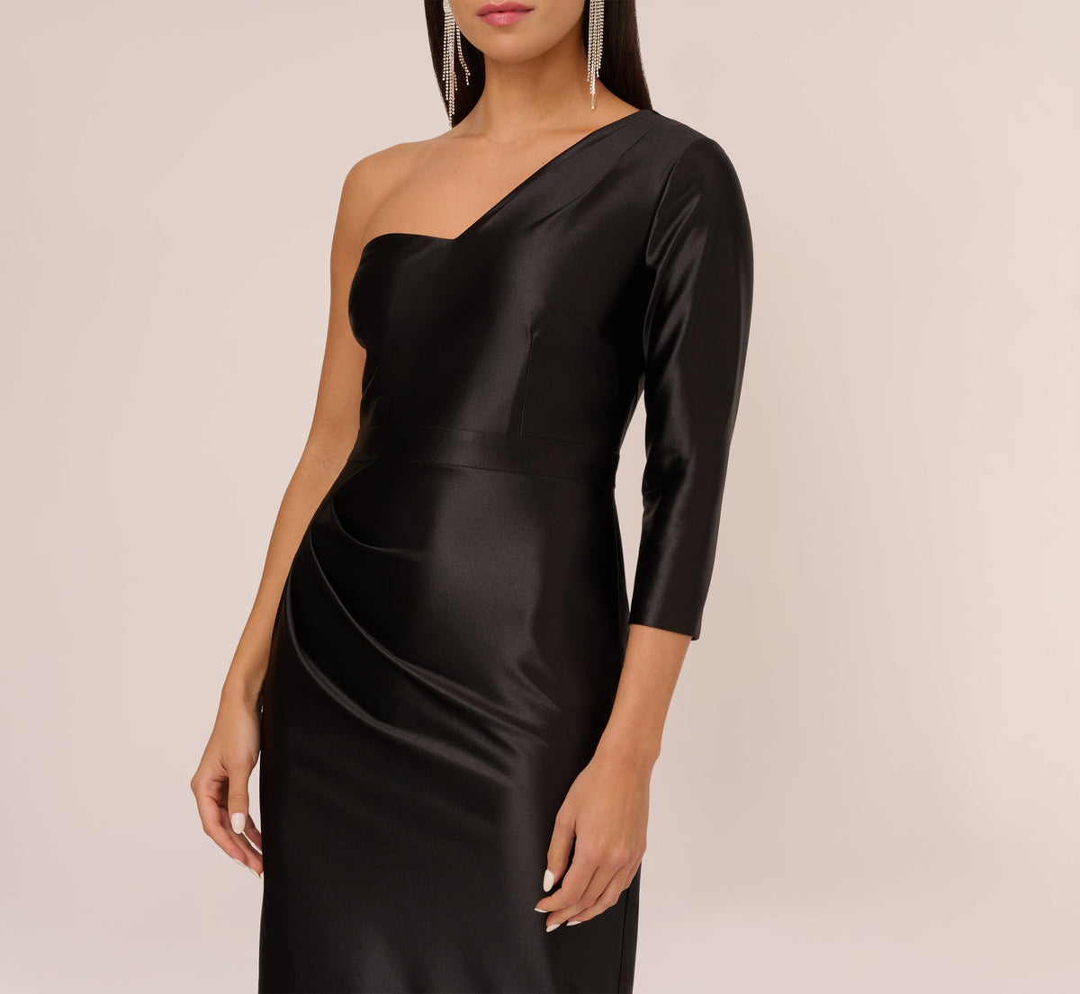 One Shoulder Satin Midi Dress With Three-Quarter Sleeve - Black | Adrianna Papell