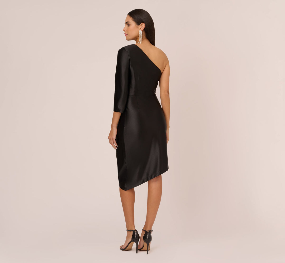 One Shoulder Satin Midi Dress With Three-Quarter Sleeve - Black | Adrianna Papell