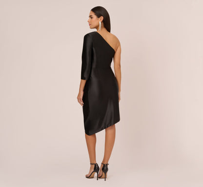 One Shoulder Satin Midi Dress With Three-Quarter Sleeve - Black | Adrianna Papell