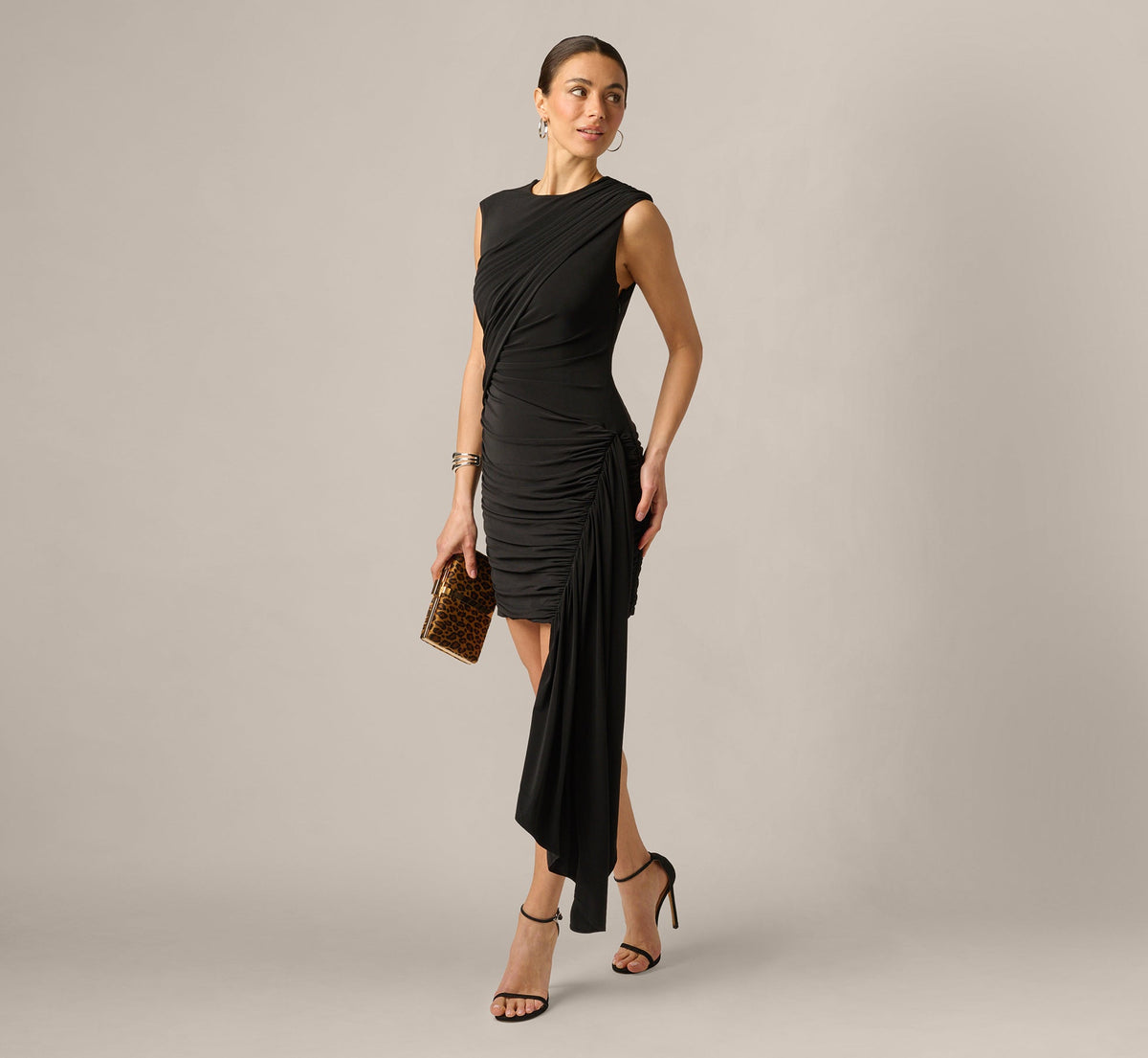 Stretch Jersey Asymmetrical Draped Mini Dress - Black | Adrianna Papell