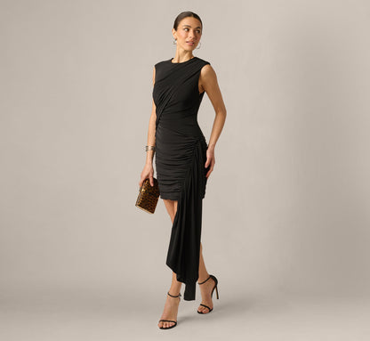 Stretch Jersey Asymmetrical Draped Mini Dress - Black | Adrianna Papell
