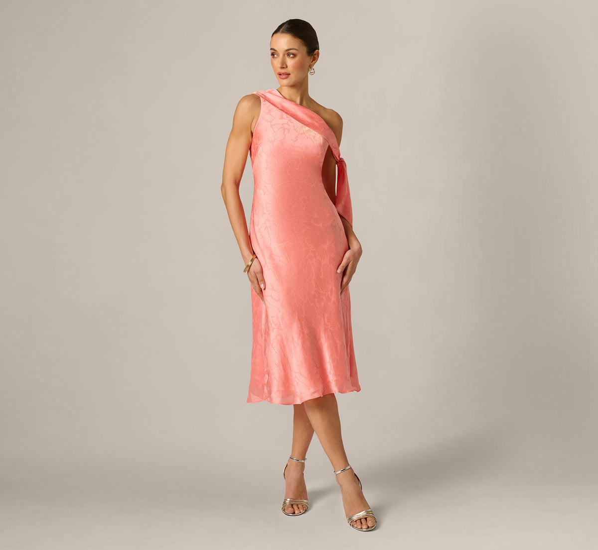 Draped Shoulder Butterfly Jacquard Midi Dress - Coastal Sun | Adrianna Papell
