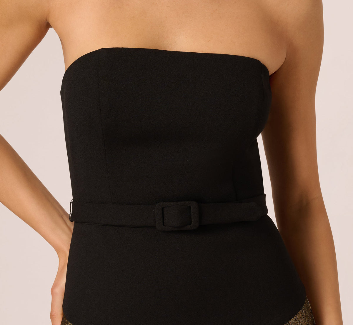 Strapless Drop Waist Belted Combo Cocktail Dress - Black Gold | Adrianna Papell
