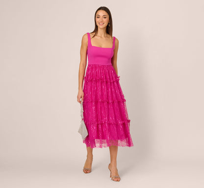 Sleeveless Square Neck Tiered Lace Midi Dress - Electric Passion | Adrianna Papell
