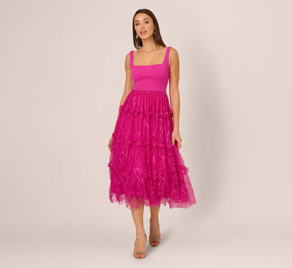Sleeveless Square Neck Tiered Lace Midi Dress - Electric Passion | Adrianna Papell