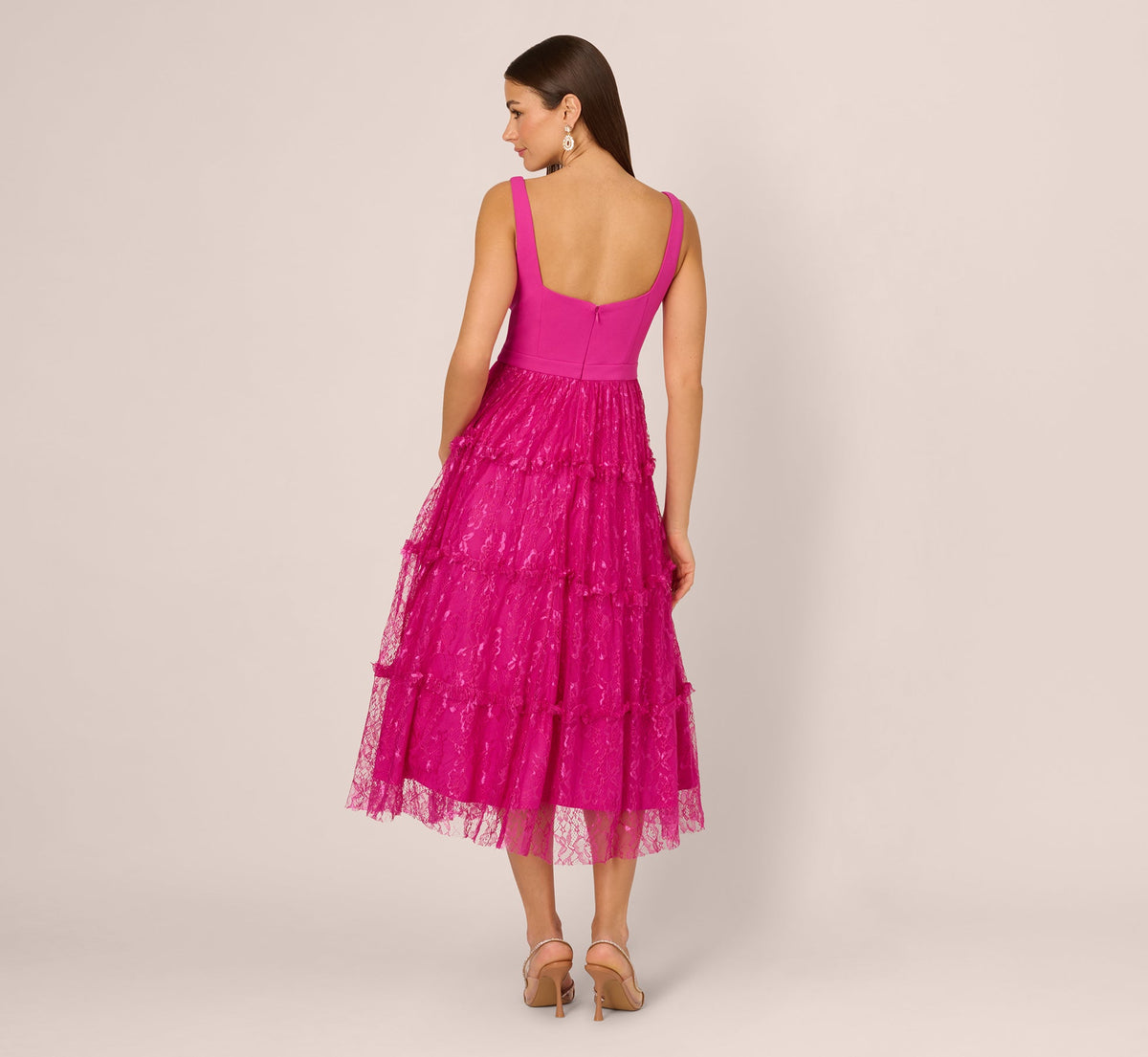 Sleeveless Square Neck Tiered Lace Midi Dress - Electric Passion | Adrianna Papell