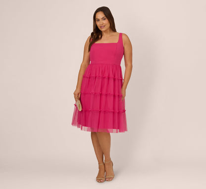 Plus Size Sleeveless Midi Dress With Square Neck And Tiered Skirt - Bright Rose | Adrianna Papell