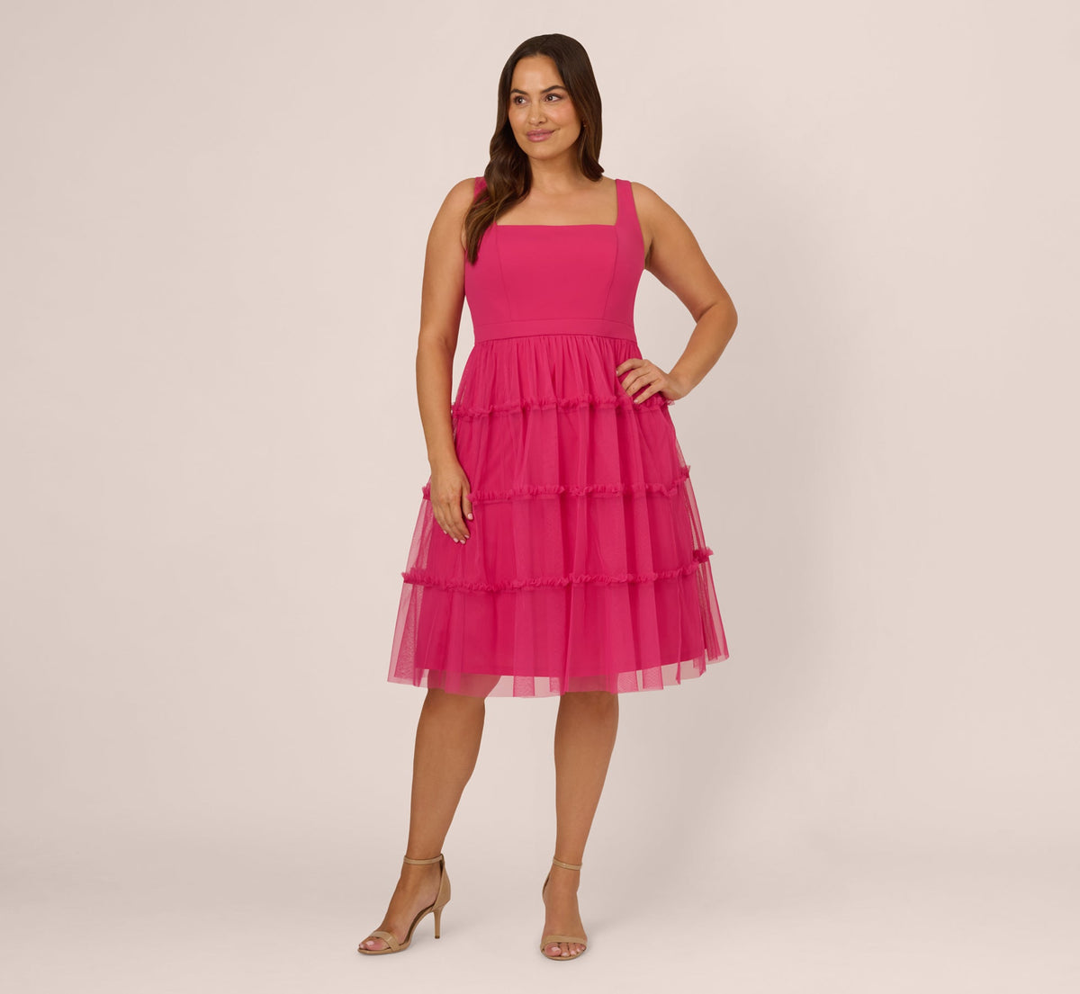 Plus Size Sleeveless Midi Dress With Square Neck And Tiered Skirt - Bright Rose | Adrianna Papell