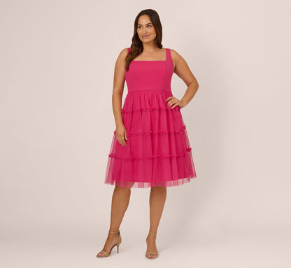 Plus Size Sleeveless Midi Dress With Square Neck And Tiered Skirt - Bright Rose | Adrianna Papell