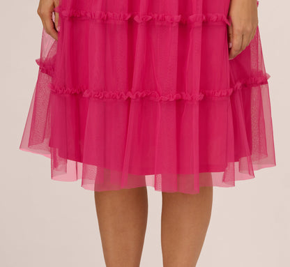 Plus Size Sleeveless Midi Dress With Square Neck And Tiered Skirt - Bright Rose | Adrianna Papell