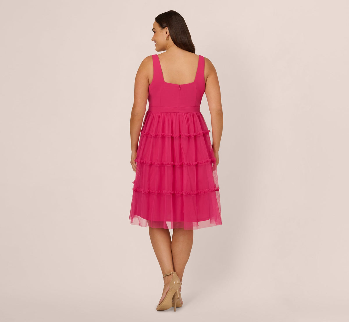 Plus Size Sleeveless Midi Dress With Square Neck And Tiered Skirt - Bright Rose | Adrianna Papell