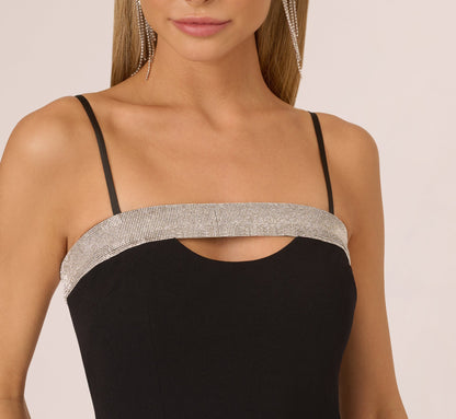 Crepe Dress With Spaghetti Straps And Rhinestone Neckline - Black | Adrianna Papell