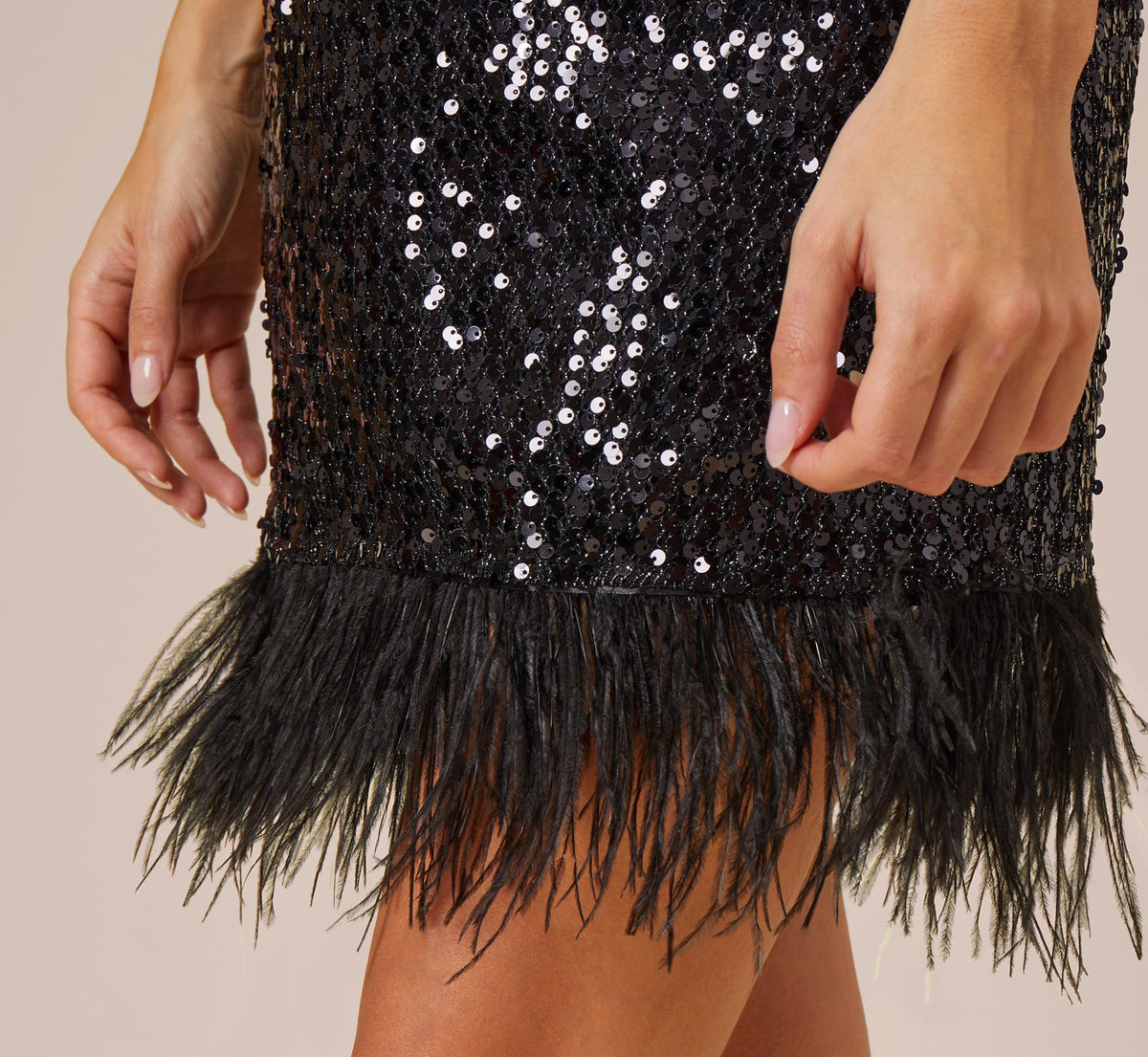 Sequined Trapeze Halter Dress With Feather Trim - Black | Adrianna Papell