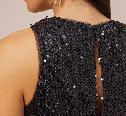 Sequined Trapeze Halter Dress With Feather Trim - Black | Adrianna Papell
