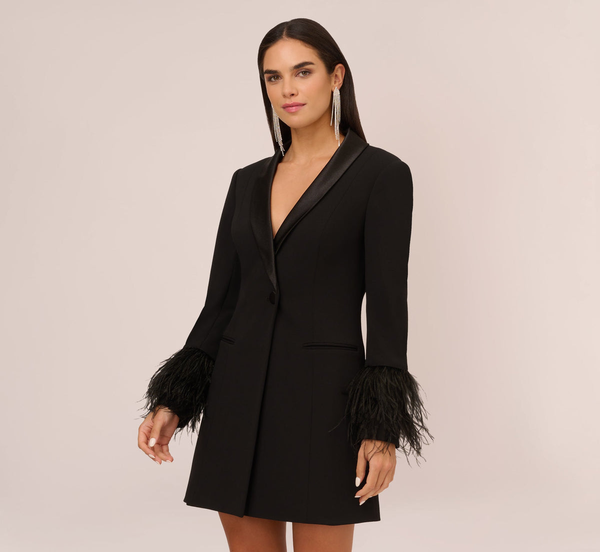 Knit Crepe Long Sleeve Blazer Dress With Feather Trim - Black | Adrianna Papell