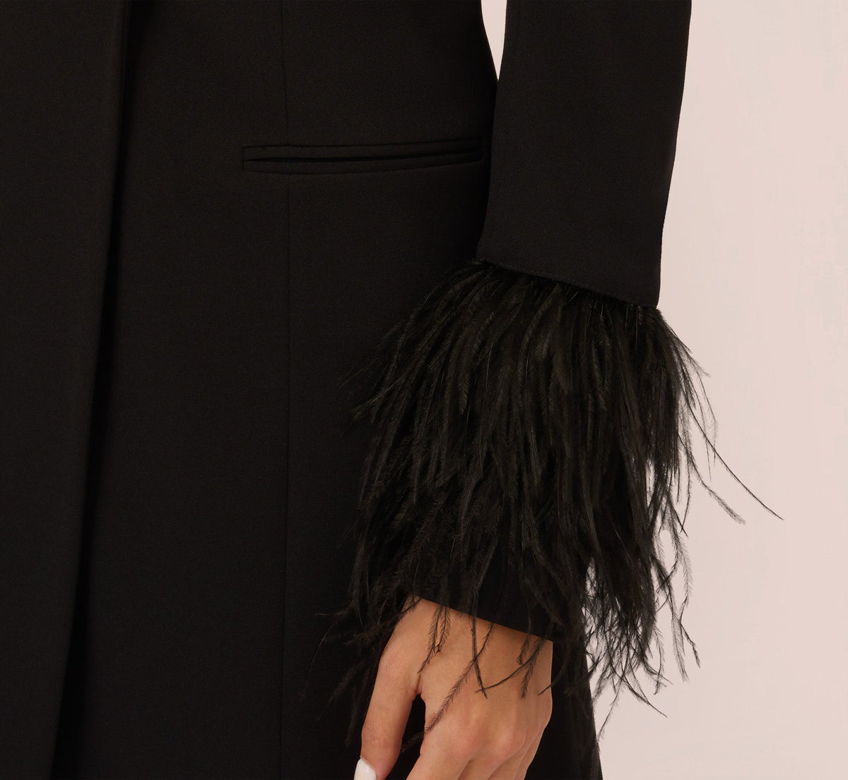 Knit Crepe Long Sleeve Blazer Dress With Feather Trim - Black | Adrianna Papell