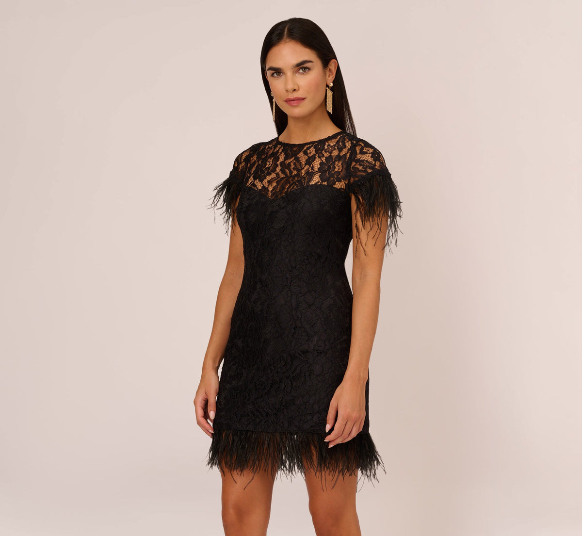 Floral Lace And Feather Trimmed Short Sheath Cocktail Dress - Black | Adrianna Papell