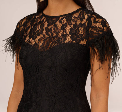 Floral Lace And Feather Trimmed Short Sheath Cocktail Dress - Black | Adrianna Papell