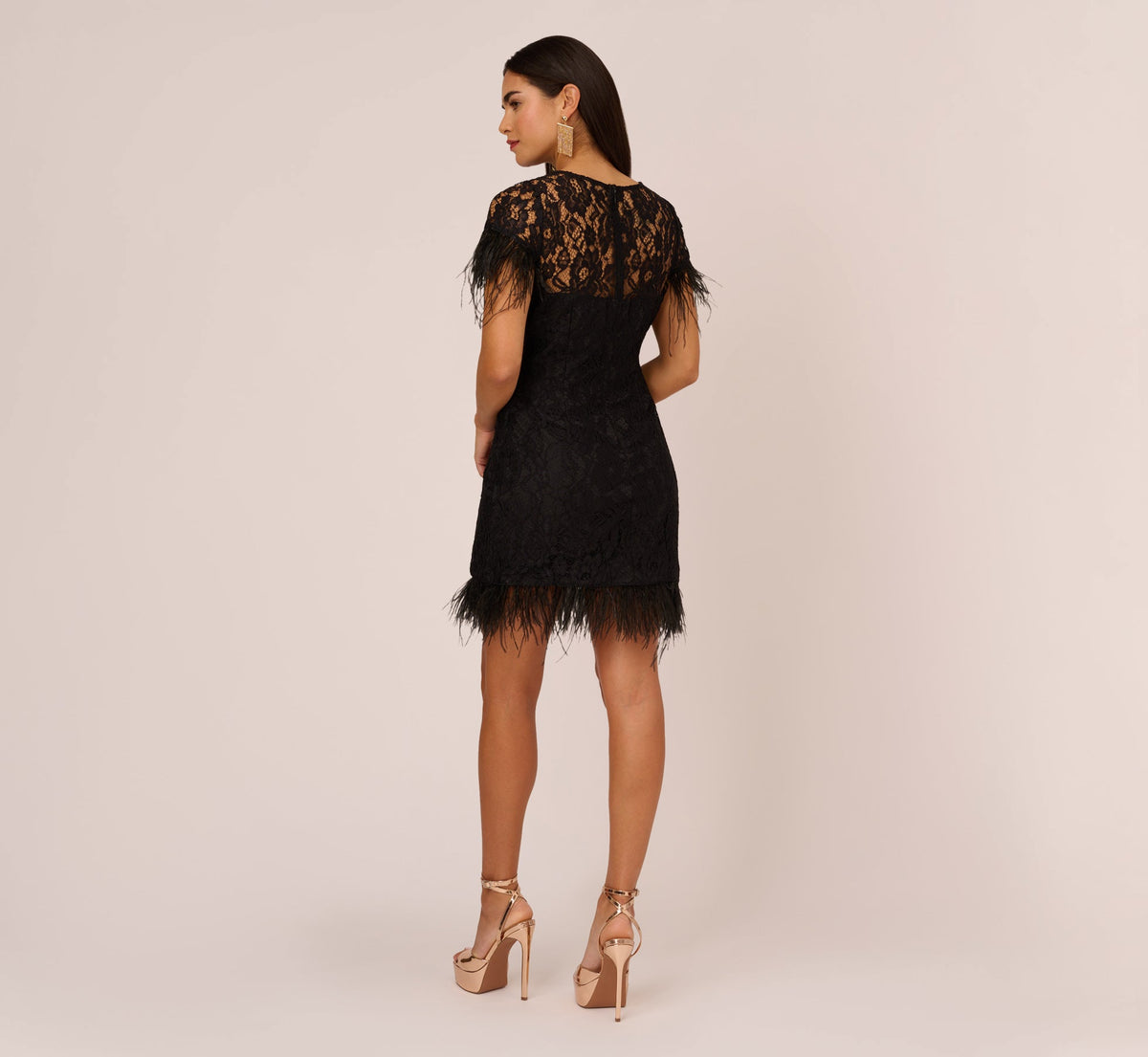 Floral Lace And Feather Trimmed Short Sheath Cocktail Dress - Black | Adrianna Papell