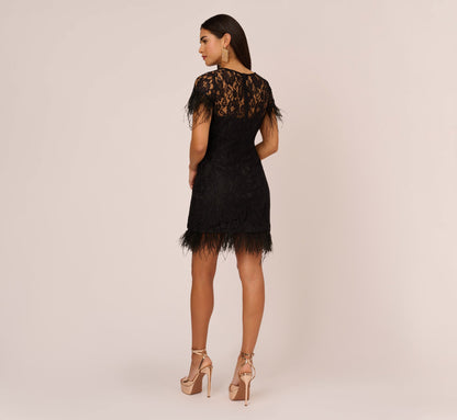 Floral Lace And Feather Trimmed Short Sheath Cocktail Dress - Black | Adrianna Papell