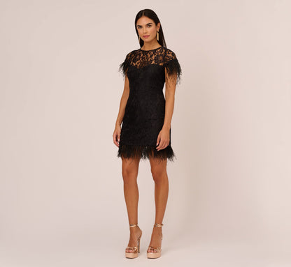 Floral Lace And Feather Trimmed Short Sheath Cocktail Dress - Black | Adrianna Papell