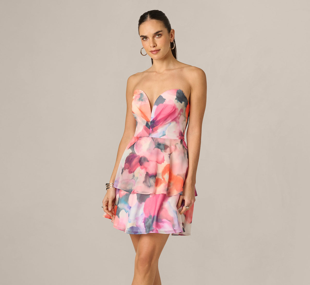 Watercolor Floral Chiffon Sweetheart Mini Dress - Pink Orange Multi | Adrianna Papell